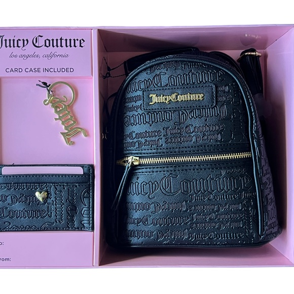 JUICY COUTURE Black Logo Backpack Cardcase Gold Keychain Boxed Gift Set - Picture 11 of 13